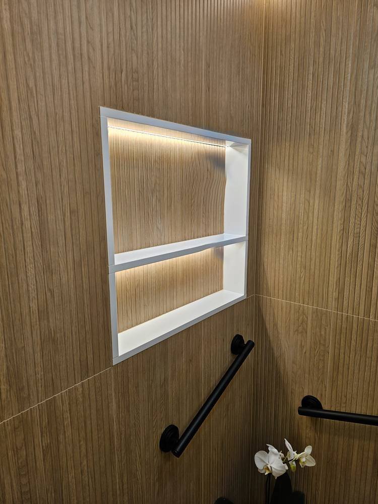 Illuminated shower niche with LED strip lighting β Barrington IL bathroom renovation