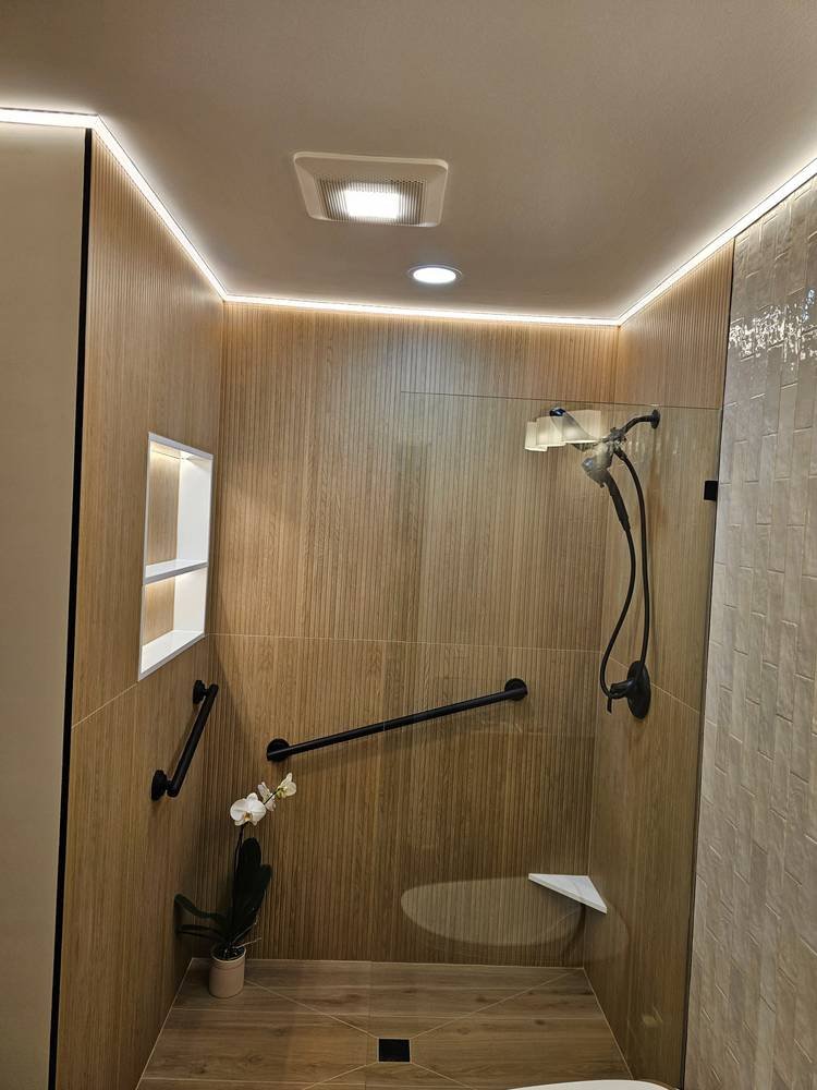 Finished walk-in shower with LED cove lighting and wood-look tile β Barrington IL